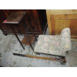 An early 20th century plant stand, a gout stool and four hickory shaft golf clubs