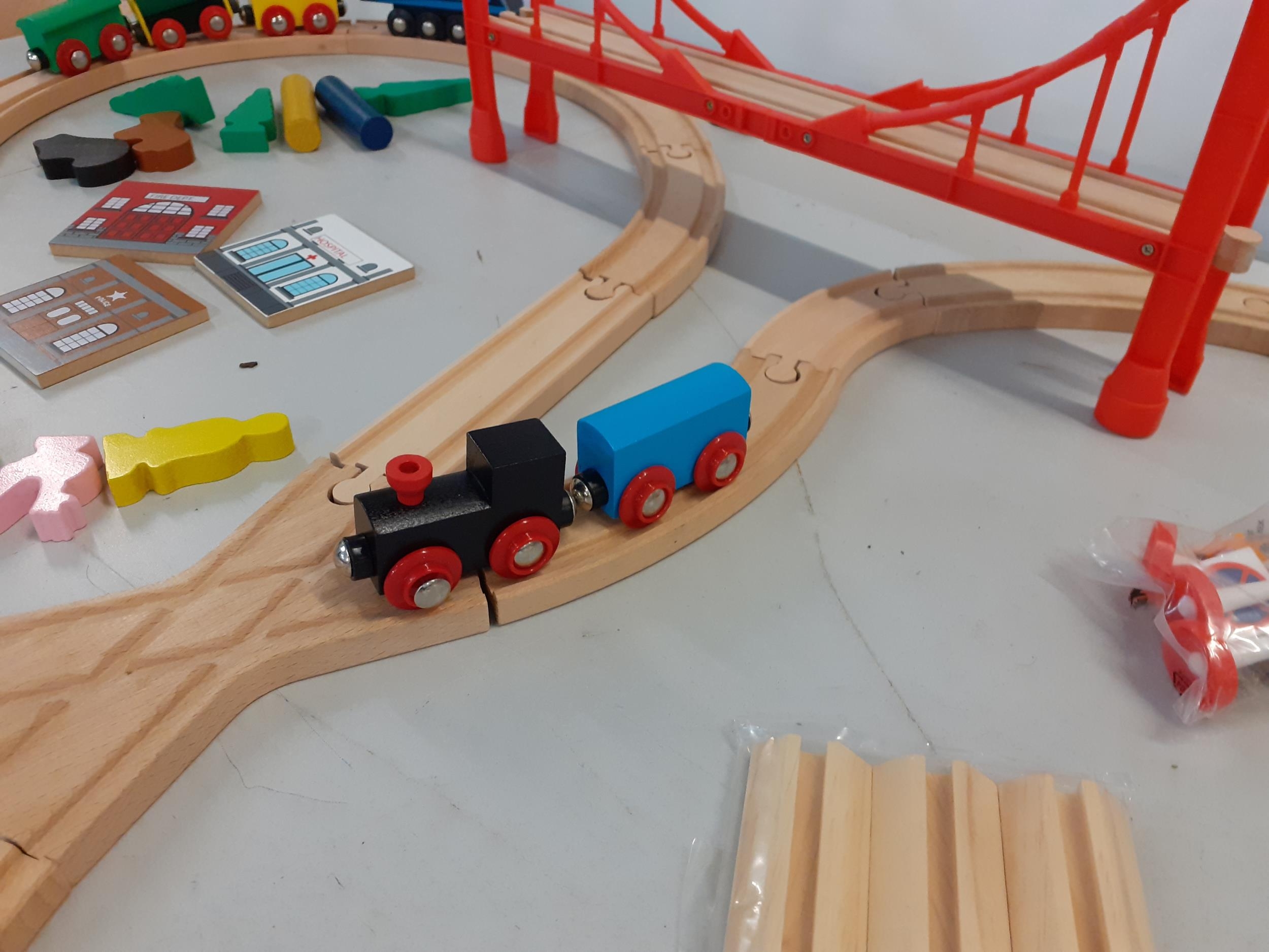 A late 20th century Brio wooden train set with bridge, trains and accessories Location: LWB - Image 4 of 4