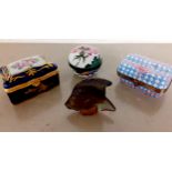 Two Limoges porcelain boxes and one other together with a small glass model of a fish Location: RWB