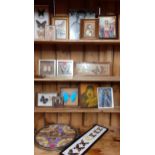 A selection of mounted butterflies, a butterfly wing tray and various icons and images of religion