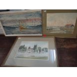 John Stanton - two coastal scenes watercolour and B Schoafsma - a retro boat scene oil on board