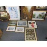 A group of framed and glazed paintings and prints, along with an oak framed octagonal wall mirror,