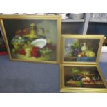 Morris - Still life of grapes and plums, a porcelain bowl and a brass jug, oil on canvas, signed