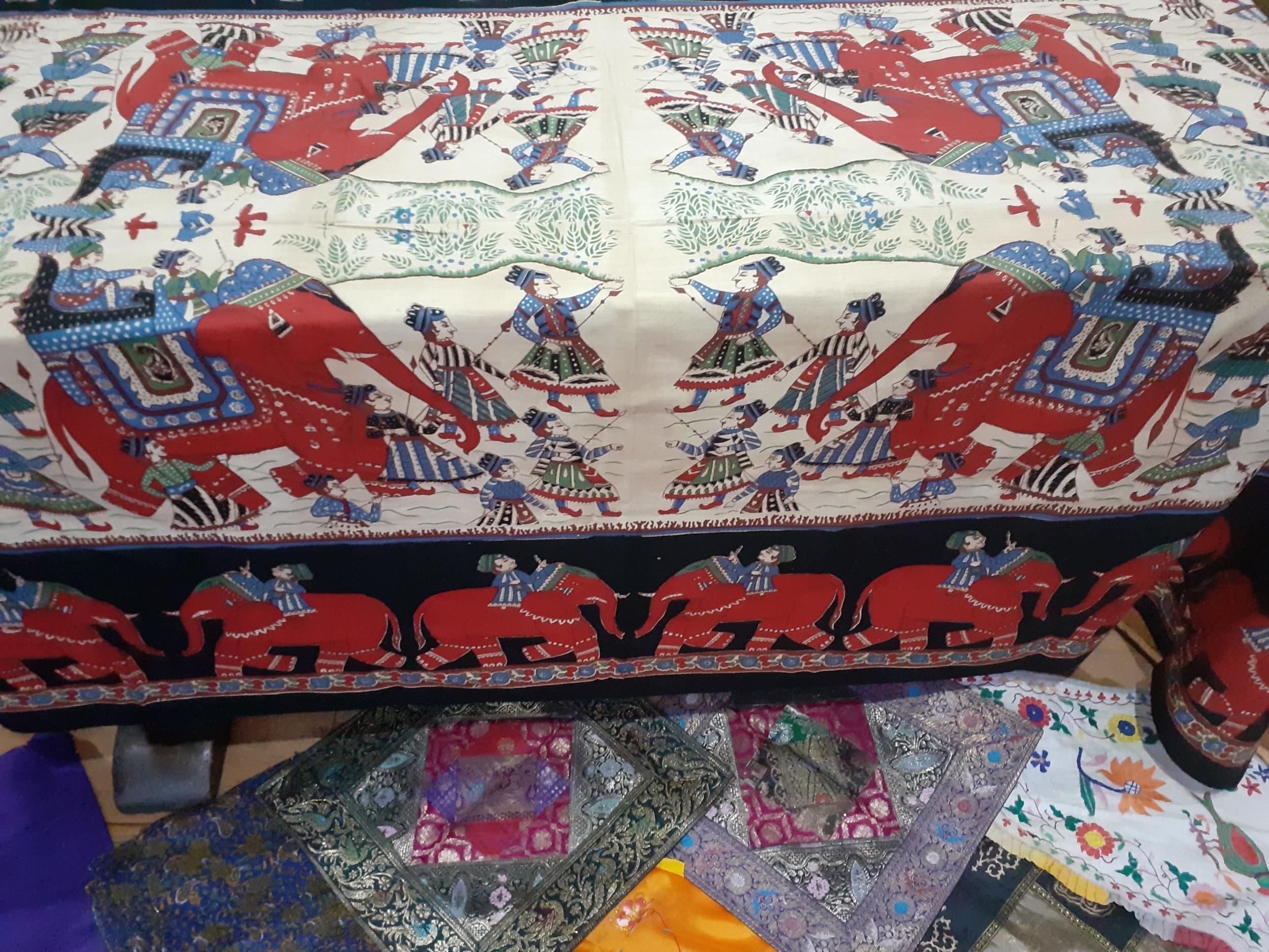 A quantity of 20th Century Eastern textiles to include an Indian cotton tablecloth depicting printed - Image 3 of 11