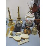 A mixed lot to include a table lamp, cut glass ink pot, brass candlesticks and other items Location: