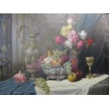 Bela Balogh (1909-1980 Hungarian) - Still Life, oil on canvas of a bowl of fruit, vase of flowers, a