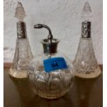 Three glass scent bottles with silver collars Location: RWB