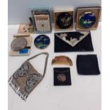 A selection of vintage compacts and other items to include a white metal 'Jerusalem' compact stamped