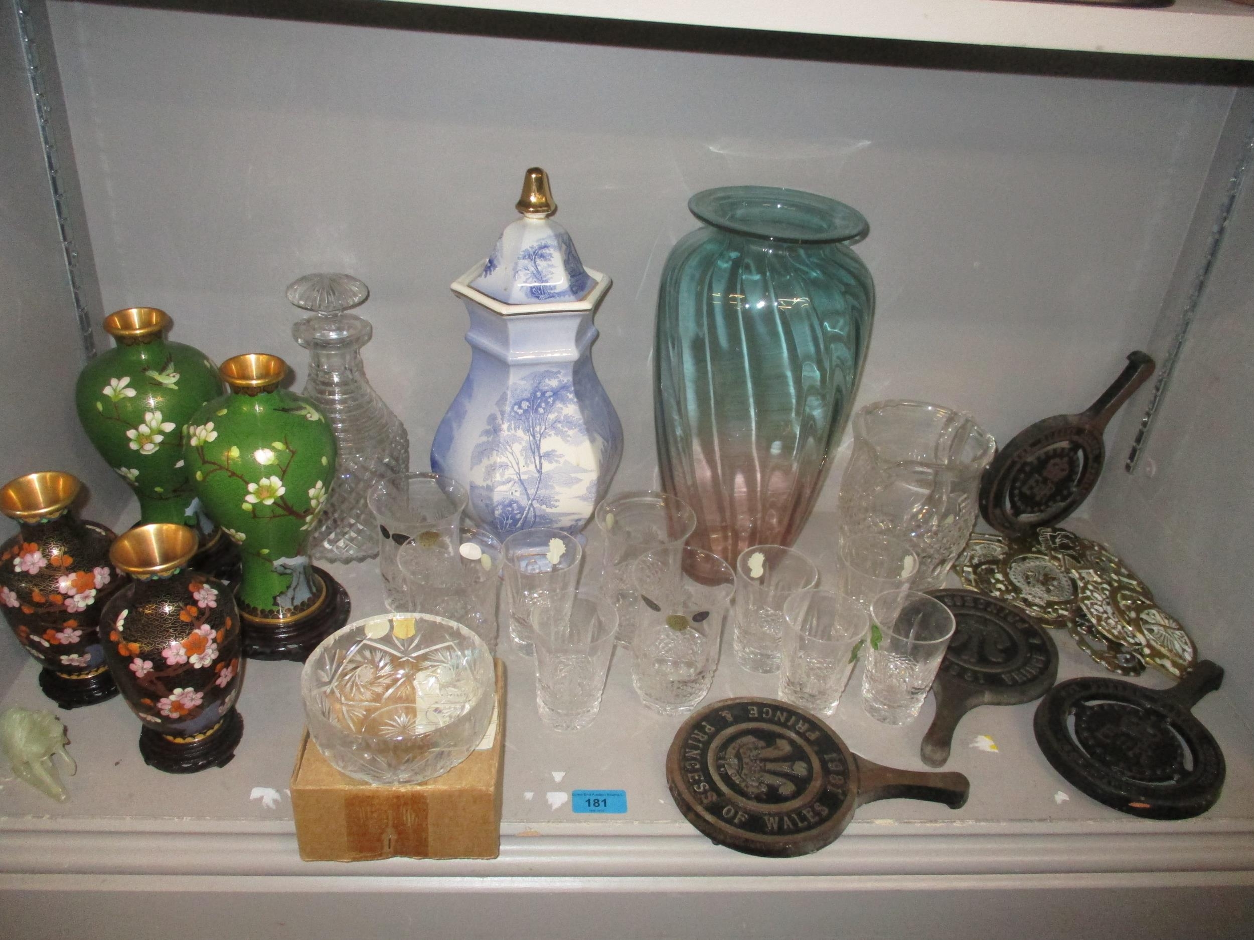 A mixed lot to include a 19th century cut glass decanter and stopper, Chinese cloisonné vases,