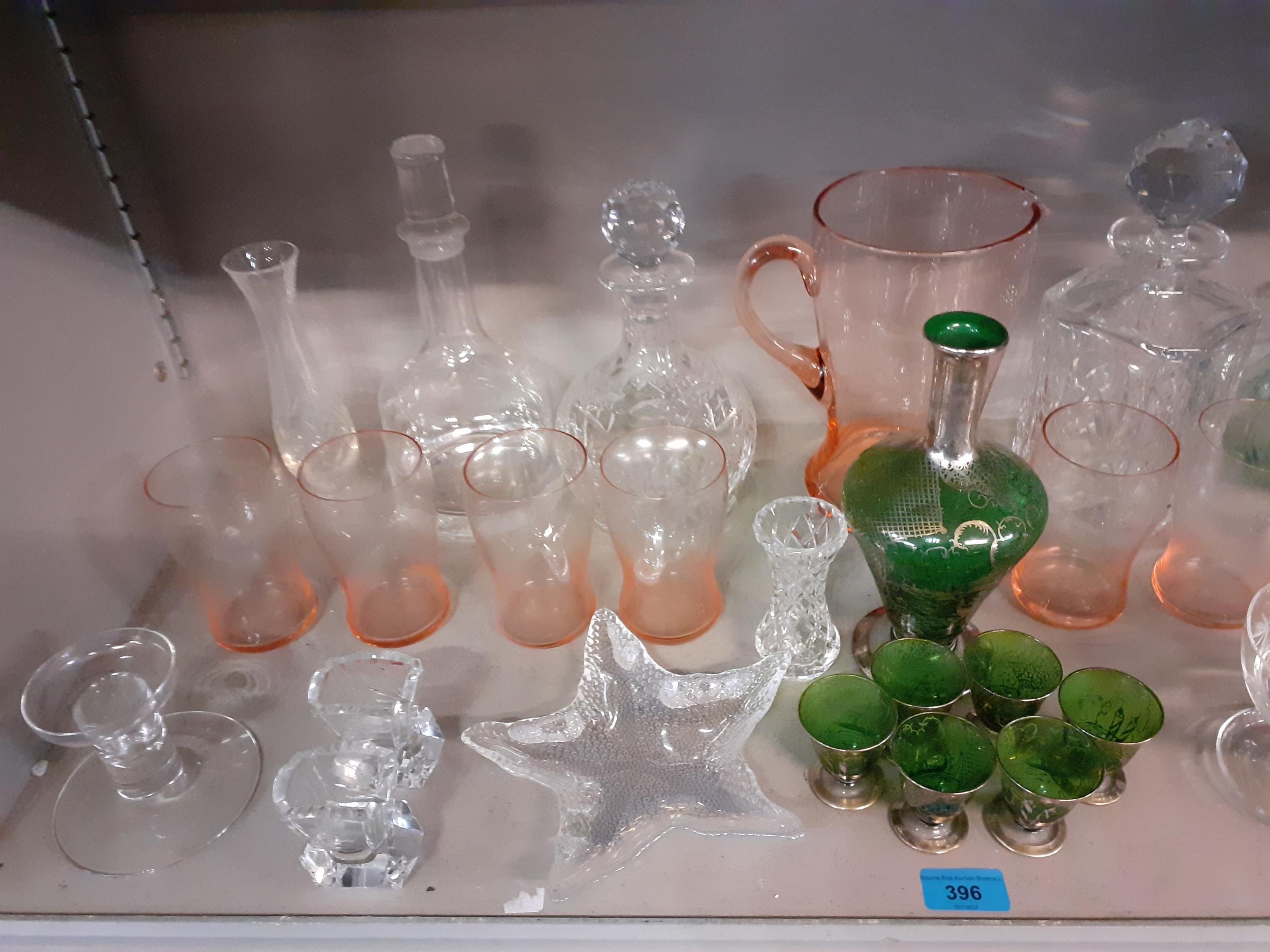 Mixed glass to include a green silver overlaid decanter (stopper missing) and matching glasses - Image 2 of 3
