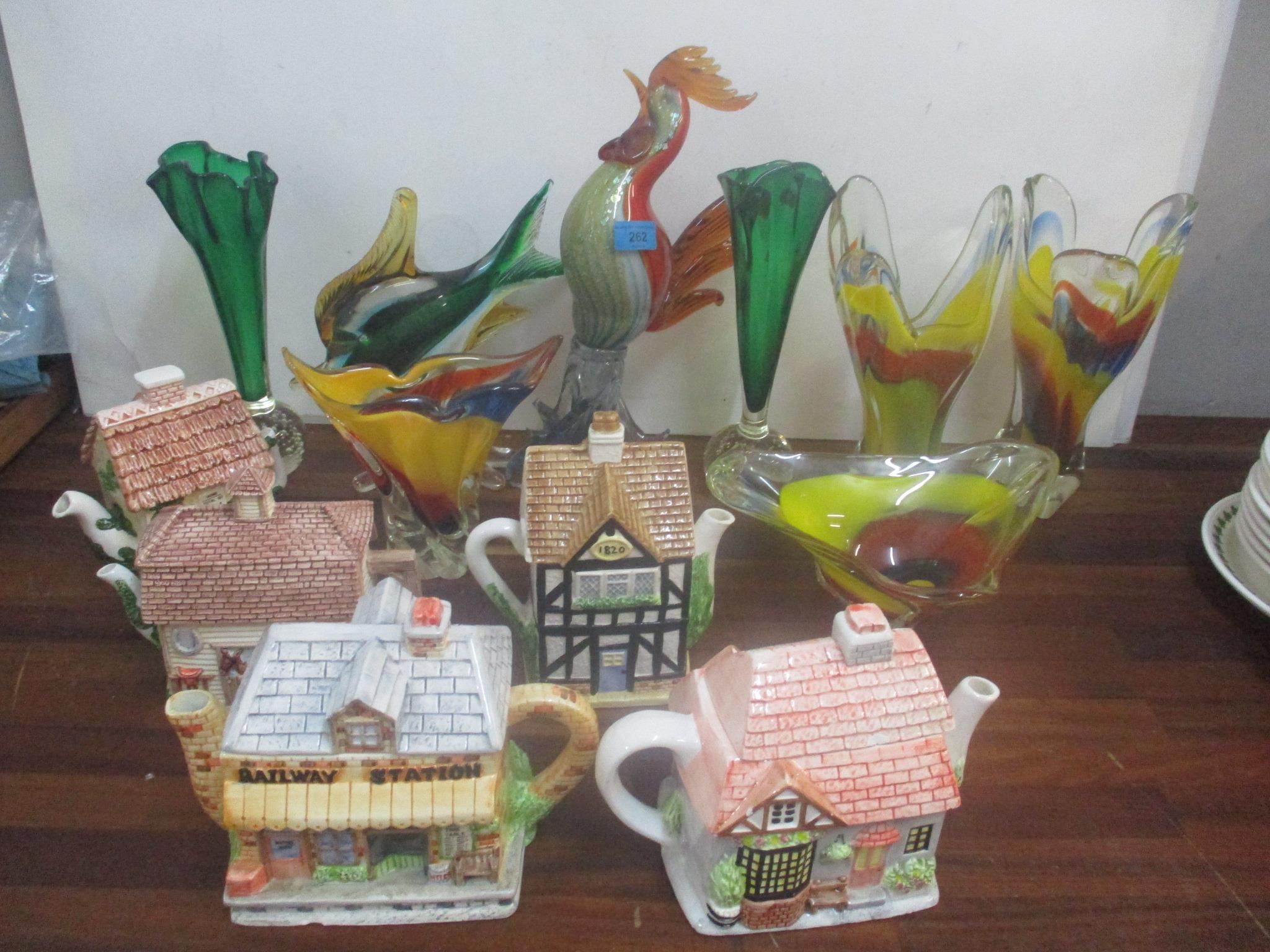 A mixed lot to include Murano cockerel, fish and other art glass, together with novelty teapots