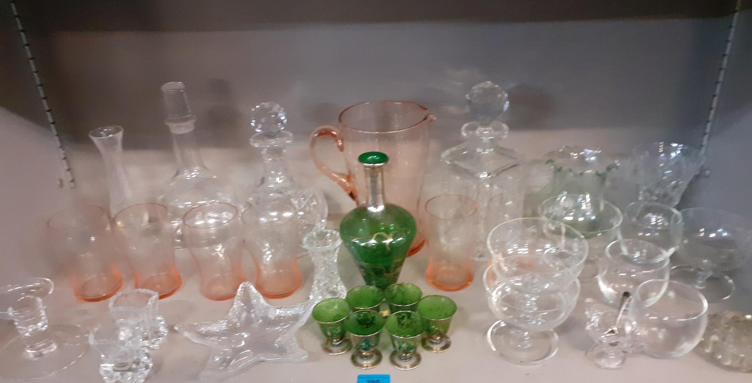 Mixed glass to include a green silver overlaid decanter (stopper missing) and matching glasses
