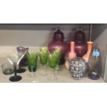 A selection of coloured and Art glass to include green overlaid sherry glasses Location: 6.5