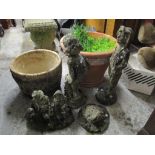A selection of garden ornaments together with two planters Location:
