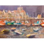 An signed watercolour of colourful boats in harbour with townhouses and a church in the