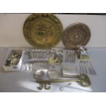 A quantity of cutlery and other silver plated items, brassware, and a box of Dunlop golf balls