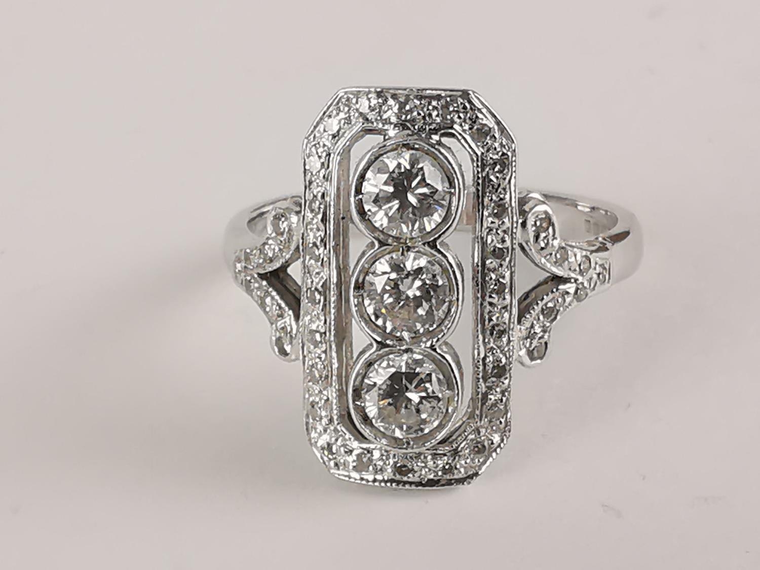 An 18ct white gold Art Deco style ring with three central diamonds - Image 3 of 3