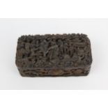 A 18th/19th century Chinese Canton tortoiseshell snuff box, deeply carved to the lid with figures