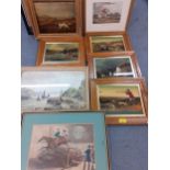 A quantity of framed and glazed pictures to include hunting scenes, together with an oil on board of