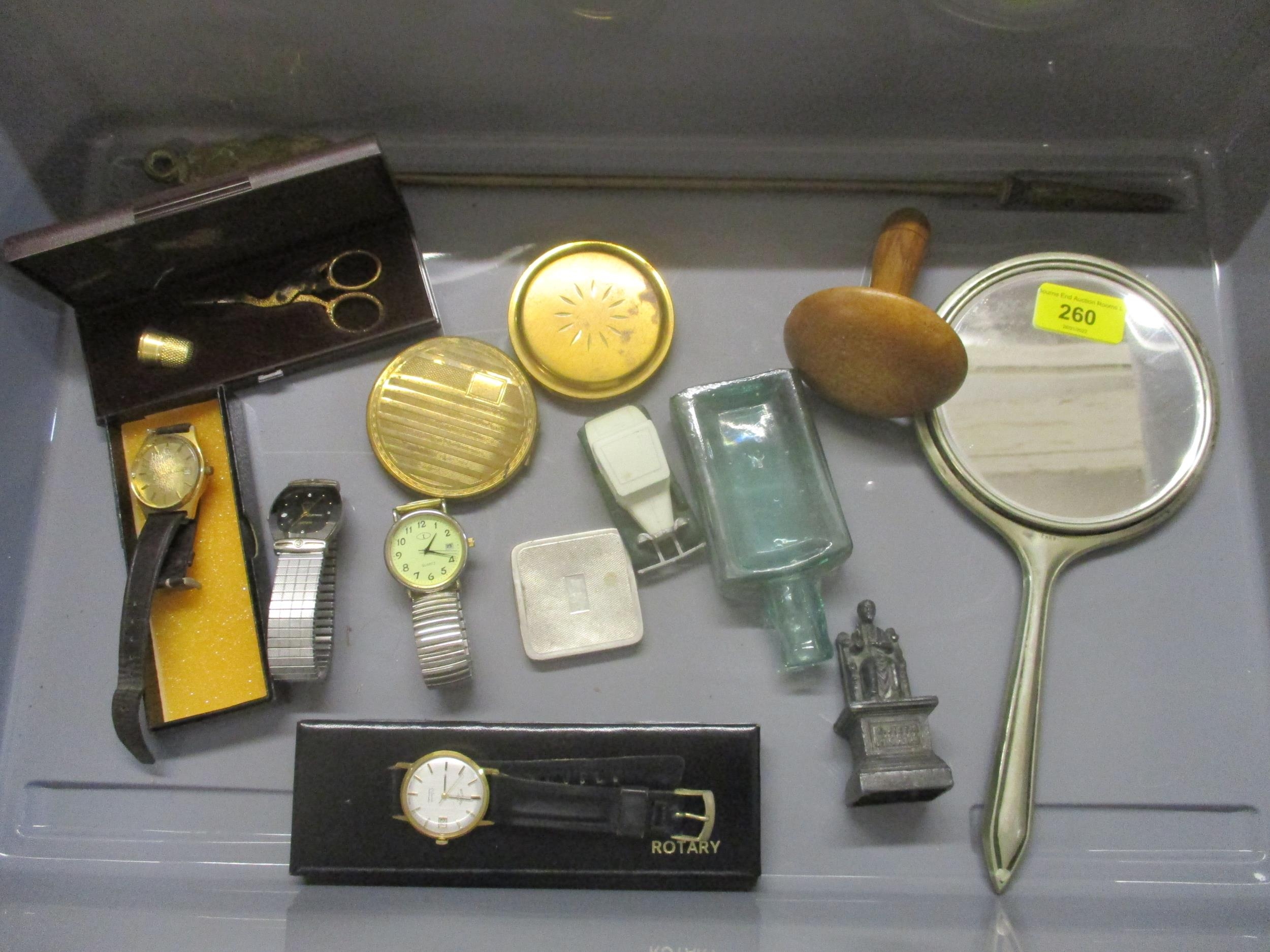 A mixed lot to include various wrist watches, Solingen swan sewing scissors and thimble, compacts