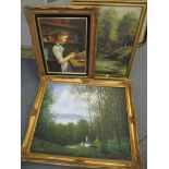 Three oil paintings to include one depicting a female peeling a potato, signed Seymour to the