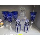 Mixed glassware to include two 'Nancy' decanters, Stuart crystal decanter and four cobalt blue