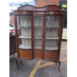 An Edwardian mahogany display cabinet with string inlaid and on cabriole legs, 177.5cm h x 120cm w