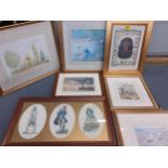 A group of pictures to include a Don Sidall 'Parasol' print, a watercolour of St Mary's Church in