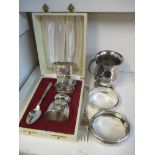 Silver to include a christening mug, two silver bracelets, a fork and a napkin ring, along with a