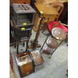 A mixed lot of furniture to include a 1930s oak work box, a three tier folding cake stand and