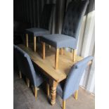 A pine rectangular formed dining chair on turned legs 77h x 182w together with six dining chairs