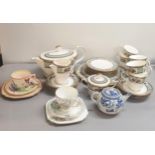 A Royal Emblem Noritake part tea service, a blue and white tea pot, Tudor ware cup and saucer and an