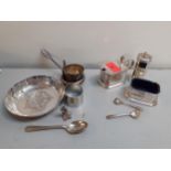 Small silver items comprising condiments and salt together with a wedding ornament in white metal