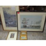 Mixed pictures to include a watercolour depicting sailing ships, Frederick Weekes watercolour