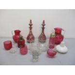 A group of Victorian and later cranberry, ruby and other glassware to include an Isle of Wight scent
