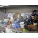 A mixed lot of ceramics and glass to include paperweights, 19th century blue and white ribbon