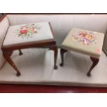 Two tapestry topped stools having cabriole legs and a reproduction wine table having an octagonal