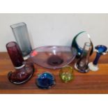 Art glass to include coloured vases, dishes, a basket, tea light and other items Location: