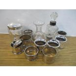 Silver to include four napkin rings, a mustard pot, a salt, a silver lidded glass dressing table jar