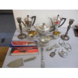 A mixed lot of silver and silver plate to include a pair of Mappin & Webb silver candlesticks, a