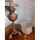 A Victorian brass oil lamp with pink glass shade, converted to electricity Location: BWR