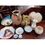 Two Belleek vases, a Royal Doulton Isaak Walton bowl, a stoneware jug, a contemporary studio pottery