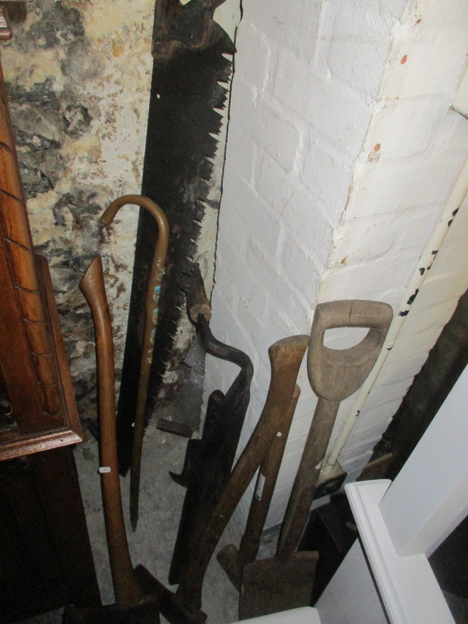 A mixed lot to include a saw, axe, walking stick and other items