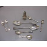 A mixed lot of Georgian, Victorian and later silver items to include a pepperette, Scottish Jack and