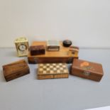 A group of wooden boxes to include lacquered and inlaid examples together with a fold out chess
