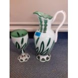 A Victorian opaque overlaid green glass water jug and cup with floral cut ornament Location: