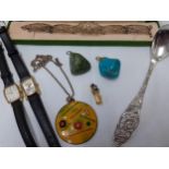 A silver filigree bracelet, a Zilverstad Pleet spoon, 2 stone pendants, 2 ladies watches to