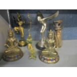 Cast metal figures to include a modern model of the Spirit of Ecstasy, Tibetan style figures and