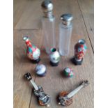 Two glass dressing table bottles with silver tops together with 5 modern Oriental cloisonné