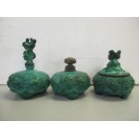 Three Czech glass jade colour bottles to include a scent bottle Location: